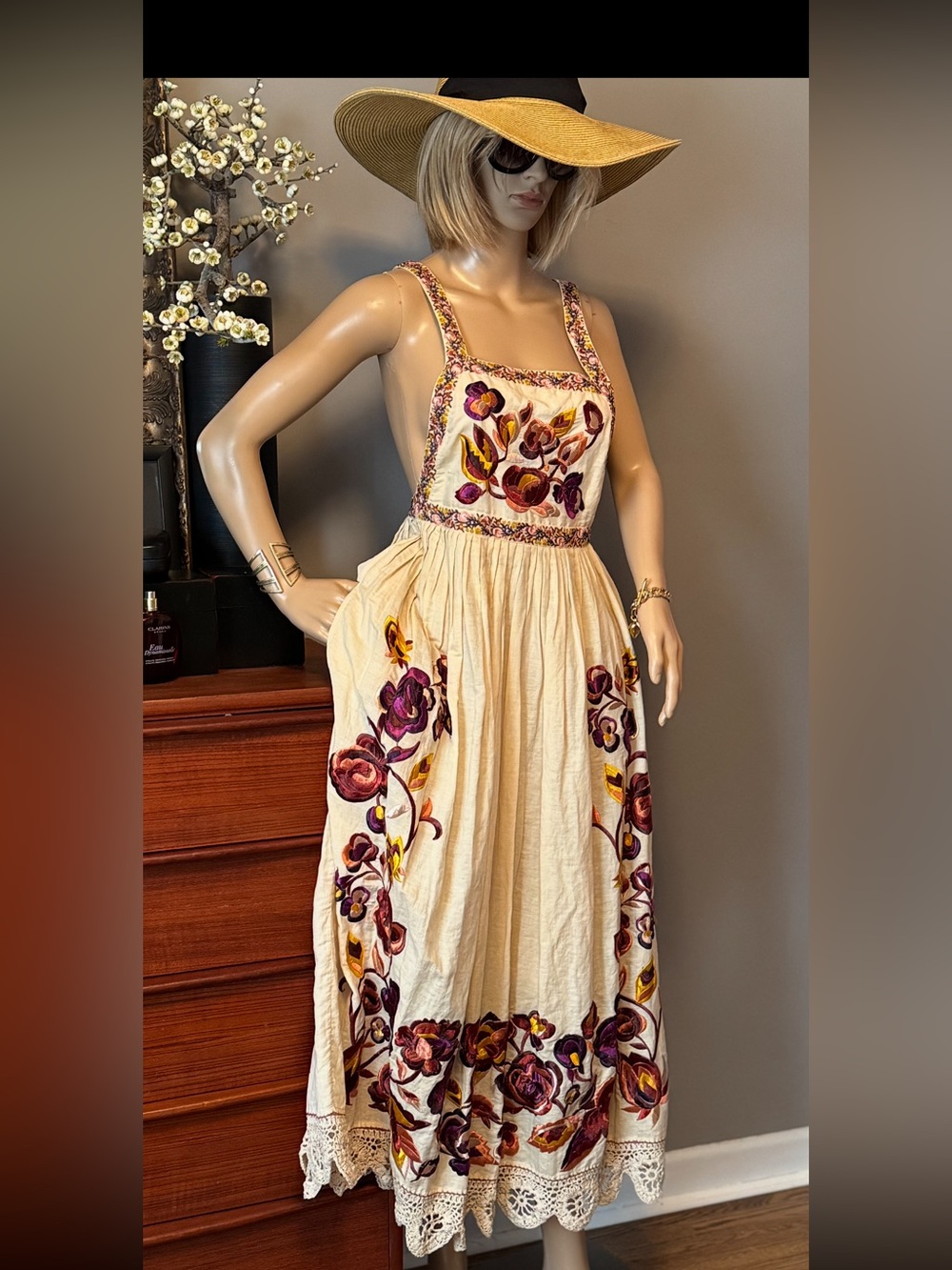 Ulla Johnson Cream Maxi Dress with Purple & Gold Floral Embroidery